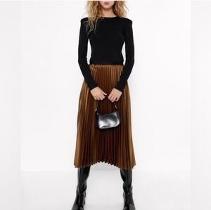 Zara Tan A-Line Pleated Skirt